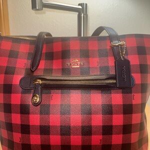 Coach Red and Black Plaid Tote Bag